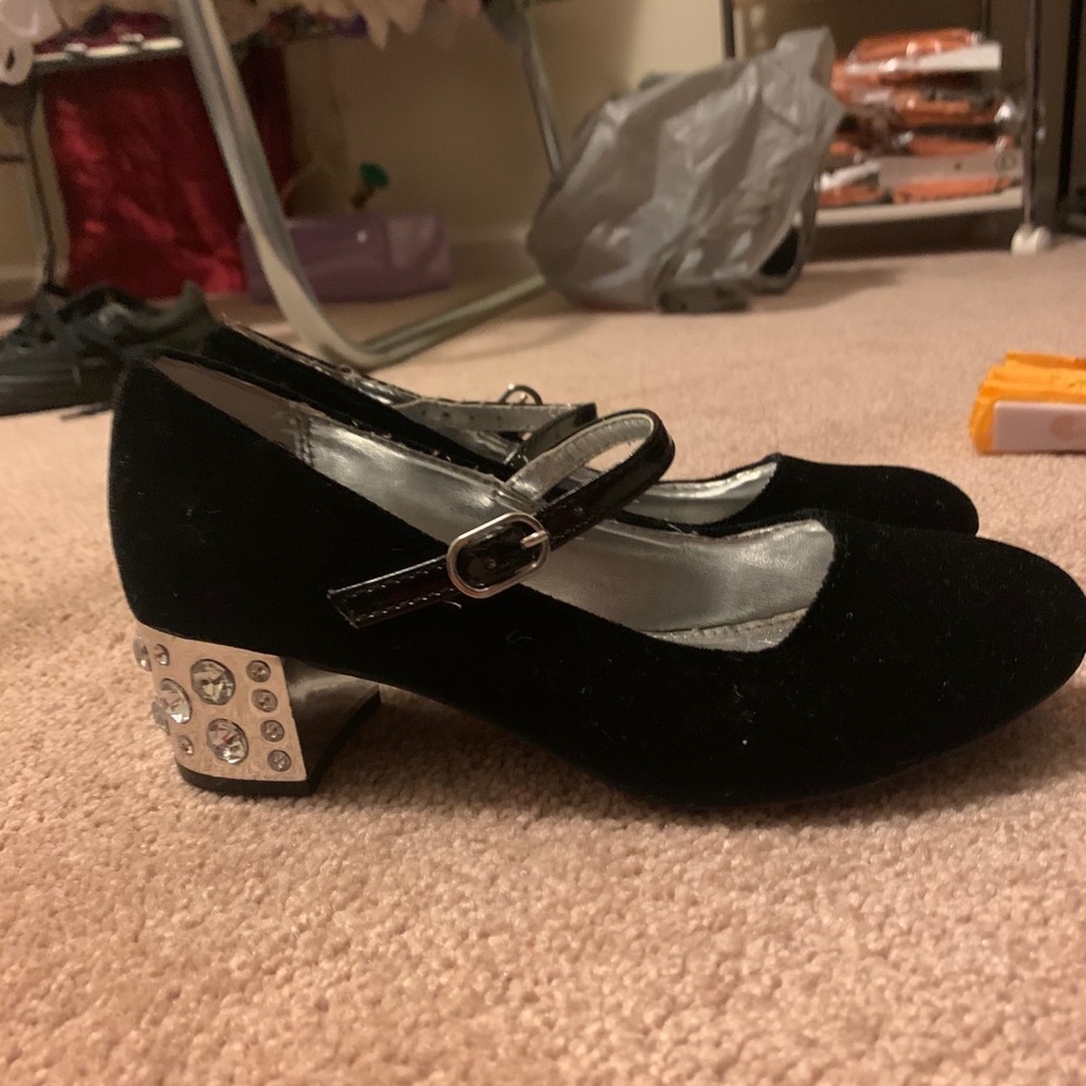 Girls black suede ankle strap dress up shoes